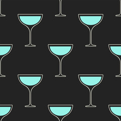 Alcohol cocktails vector seamless pattern. Blue glasses with white outline on black background.