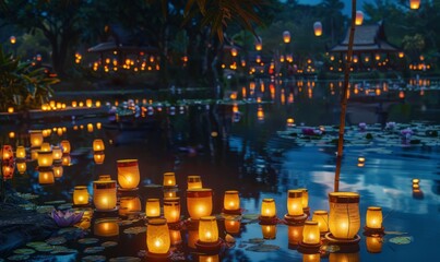 Obraz premium Loy Krathong Festival with floating lanterns and water blessings in November
