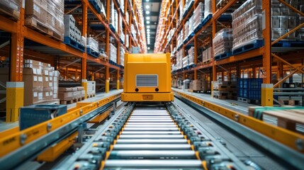 Modern warehouse with automated guided vehicles transporting goods, enhancing supply chain efficiency