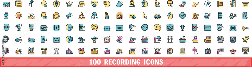 Aufkleber 100 recording icons set. color line set of recording vector icons thin line color flat on white