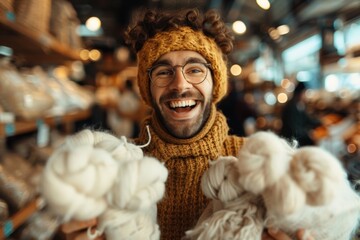 Enthusiastic diyer selecting yarn in a craft store