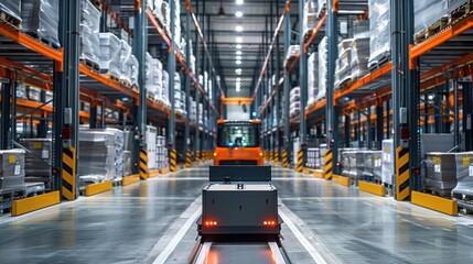 Modern warehouse with automated guided vehicles transporting goods, enhancing supply chain efficiency
