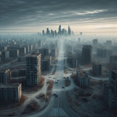 Empty ruined city. Post-apocalypse, houses and roads

