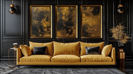 Luxurious lounge with a golden yellow sofa and four horizontal poster frames, featuring golden abstract patterns, against a matte black wall.