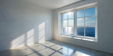 Obraz premium empty white wall, room office with rays of sun and shadow, window view of the ocean, minimalistic design for presentation and product showcase