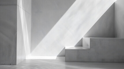 Fototapeta premium 光と影が白い壁に幾何学的な形を作り出している、モノクロ写真アート風背景グラフィック