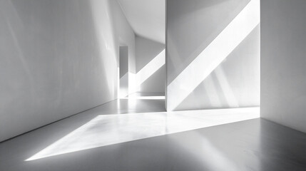 光と影が白い壁に幾何学的な形を作り出している、モノクロ写真アート風背景グラフィック