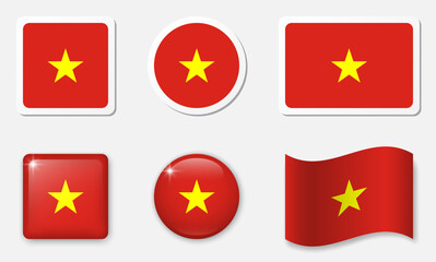Flag of Vietnam icons collection. Stickers and 3d realistic elements, white background with shadow.