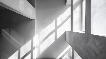 光と影が白い壁に幾何学的な形を作り出している、モノクロ写真アート風背景グラフィック