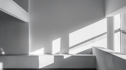 Fototapeta premium 光と影が白い壁に幾何学的な形を作り出している、モノクロ写真アート風背景グラフィック
