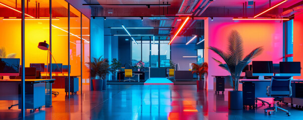 A vibrant modern office with LED lighting, highlighting open-plan desks, stylish decor, and high-tech gadgets, creating an energetic and inspiring workspace.