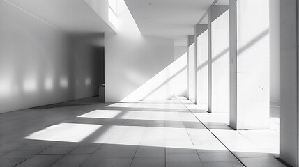 光と影が白い壁に幾何学的な形を作り出している、モノクロ写真アート風背景グラフィック