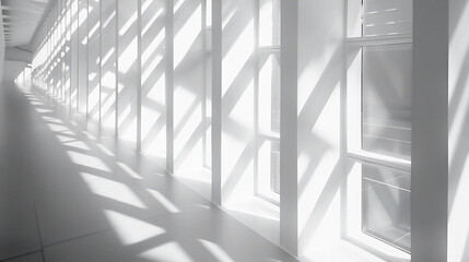 光と影が白い壁に幾何学的な形を作り出している、モノクロ写真アート風背景グラフィック