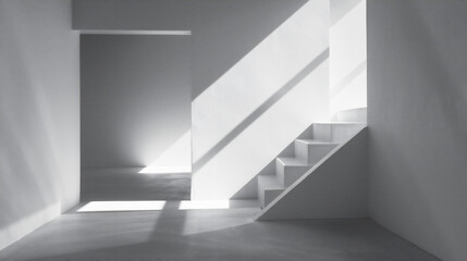 光と影が白い壁に幾何学的な形を作り出している、モノクロ写真アート風背景グラフィック