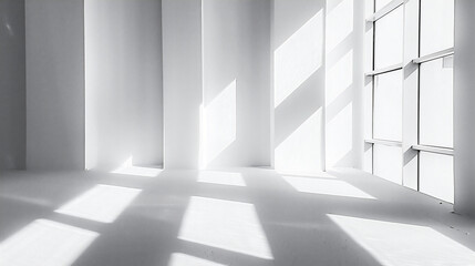 Fototapeta premium 光と影が白い壁に幾何学的な形を作り出している、モノクロ写真アート風背景グラフィック