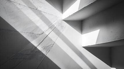 光と影が白い壁に幾何学的な形を作り出している、モノクロ写真アート風背景グラフィック