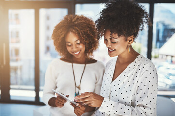 Small business, tablet or team in office for research, product comparison or digital design....