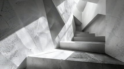 光と影が白い壁に幾何学的な形を作り出している、モノクロ写真アート風背景グラフィック