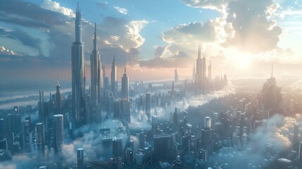 Futuristic city skyline with a well-integrated transportation network, demonstrating urban planning excellence