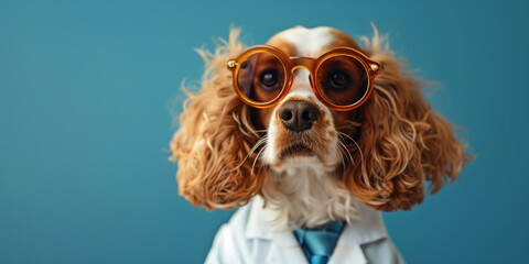 Naklejka premium Spaniel dog in glasses and lab coat, posing against a blue background