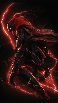 Red thunderlights on black background, seamless pattern random design