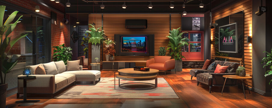 A modern talk show studio designed like a cozy living room, with plush sofas, elegant decor, and professional lighting, perfect for a television show or podcast set.