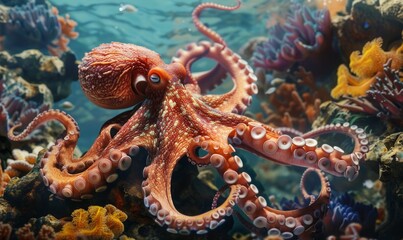 Obraz premium Octopus in a coral reef, tentacles and colorful underwater scene, wild animals in their natural habitat
