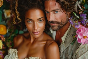 Interracial couple smiling amidst flowers