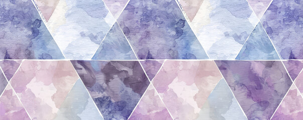 A minimalist geometric watercolor pattern with an abstract design in muted Pantone tones, highlighting overlapping triangles and hexagons in soft hues of lavender, dusty blue, and pale olive.
