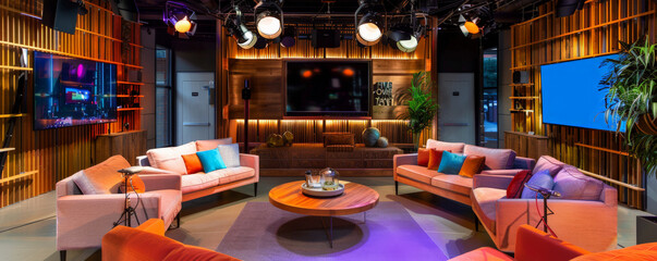 A contemporary talk show studio designed as a living room, complete with chic sofas, vibrant cushions, and high-end microphones, perfect for television shows and podcasts.