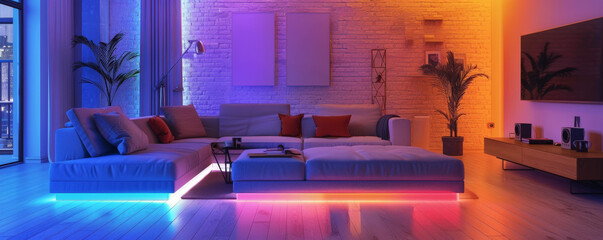 A modern living room with a stylish atmosphere, illuminated by LED strips that cast a vibrant, colorful light on the elegant furniture and minimalist decor, creating a cozy space.