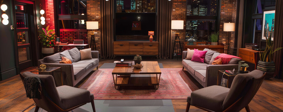 A talk show studio set up like a stylish living room, featuring cozy seating, tasteful decor, and advanced lighting, creating an intimate atmosphere for television shows and podcasts.
