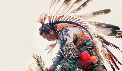 A man wearing a feather headdress is standing in front of a white background