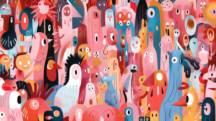 不思議で愉快な楽しい生き物たちがたくさん集まっているアーティスティックなイラスト