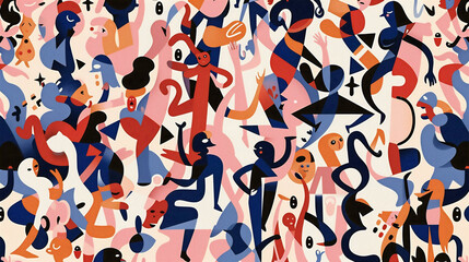 不思議で愉快な楽しい生き物たちがたくさん集まっているアーティスティックなイラスト