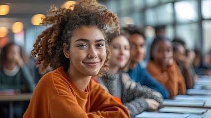 A diverse group of students smiling and studying together in a bright classroom, promoting education and collaboration among young adults.