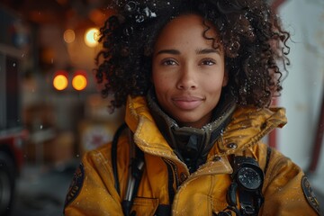 Young paramedic in yellow jacket stands outside ambulance
