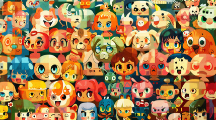 不思議で愉快な楽しい生き物たちがたくさん集まっているアーティスティックなイラスト