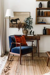 Fototapeta premium A mid-century modern chair with navy blue velvet and wood frame, placed in front of an oil painting on canvas depicting horses running through the prairie, on top is a wooden desk holding black bottle