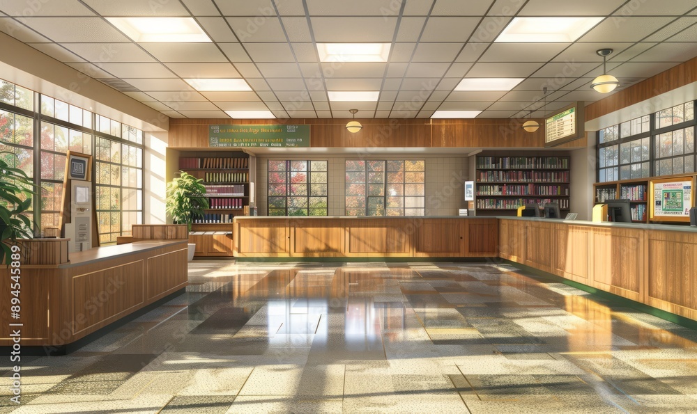 Poster public library lobby with a checkout counter and bulletin board for community events