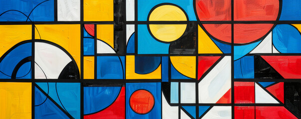 A contemporary abstract painting featuring geometric shapes and lines in bold, primary colors. Large circles, squares, and triangles in red, blue, and yellow create a dynamic composition, with black