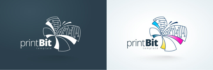 Logo Print Bit. Butterfly Digital Lines CMYK. Logotype Printing theme. Template design vector.
