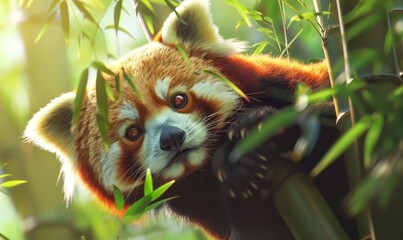 Red panda climbing a bamboo tree, vibrant greenery and curious expression, wild animals in their natural habitat
