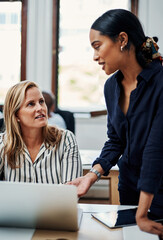Business women, laptop and training help on creative project management, task and teamwork...