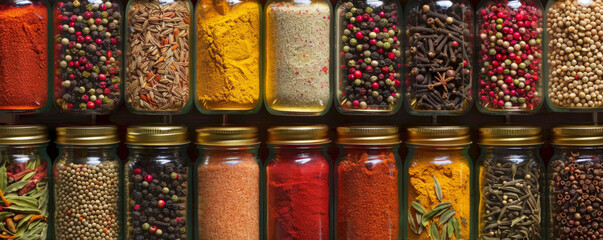 A vibrant spice rack filled with a variety of spices in glass jars. The neatly arranged jars, each with a colorful spice inside, create an organized and visually appealing display, perfect for a