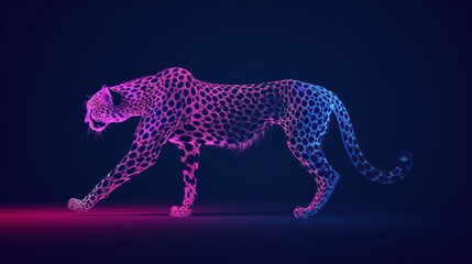 Fototapeta premium A glowing cheetah silhouette with a vibrant pink and blue spotted pattern walks across a dark background