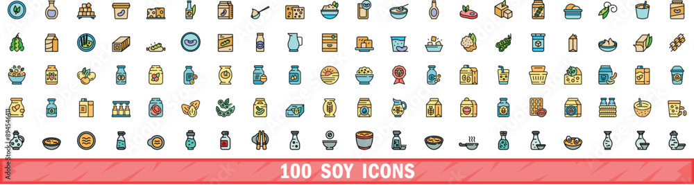 Aufkleber 100 soy icons set. color line set of soy vector icons thin line color flat on white
