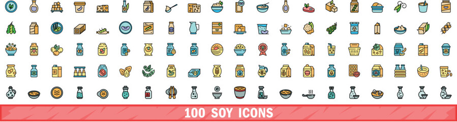 100 soy icons set. Color line set of soy vector icons thin line color flat on white