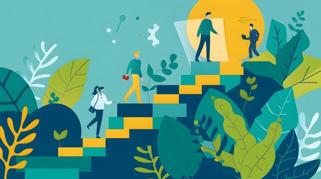 Business mentor helps to improve career and holding stairs steps vector illustration. Mentorship, upskills, climb help and self development strategy flat style design business concept. 