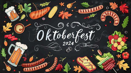 A colorful Oktoberfest illustration background  with beer mugs, sausages, pretzels, and festive .